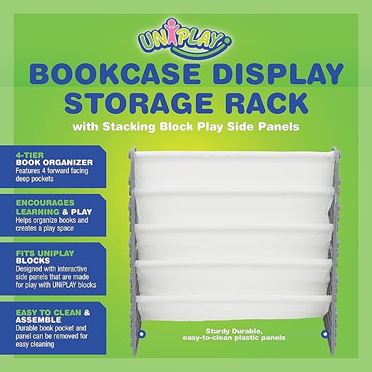 UNiPLAY Kids 4-Tier Book Storage Organizer with Sling Book Pockets, Plastic Sling Rack Bookshelf for Playroom, Fits Blocks, Gray/White - LeafyLoom