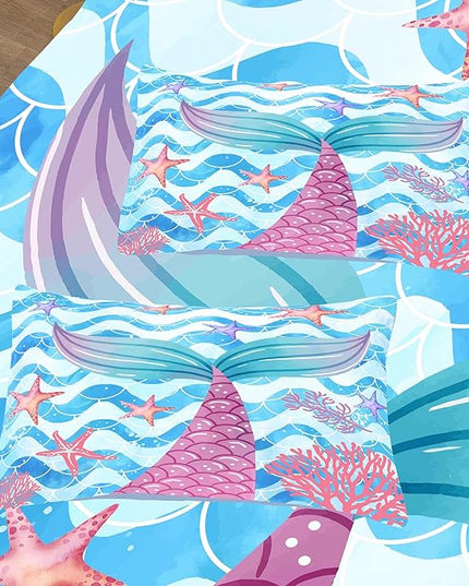 NINENINE Mermaid Tail Bedding Sets for Teens Girls, Princess Comforter Set, Blue Glitter Bedding Sets for Teens Girls,Sea Animal Kids Fish Scales Comforter Sets with 1 Comforter 2Pillowcases - LeafyLoom