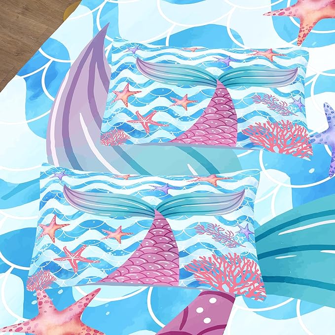 NINENINE Mermaid Tail Bedding Sets for Teens Girls, Princess Comforter Set, Blue Glitter Bedding Sets for Teens Girls,Sea Animal Kids Fish Scales Comforter Sets with 1 Comforter 2Pillowcases - LeafyLoom