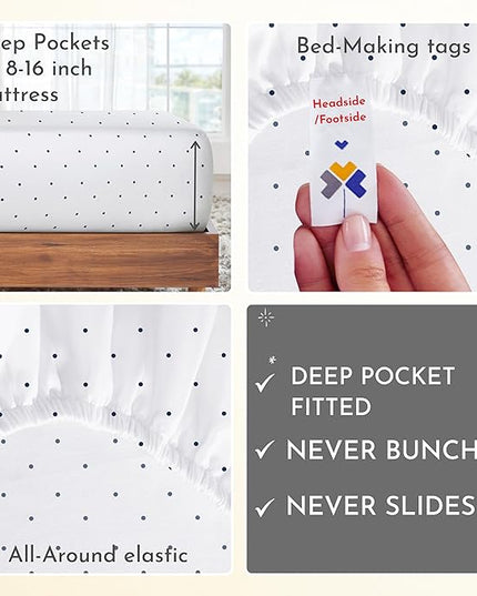 California Design Den Polka Dot Sheets Softest 100% Cotton Sheets for King Size Bed, Luxury 400 Thread Count Sateen, 4 Piece Deep Pocket Printed Pattern (Polka Dot) - LeafyLoom