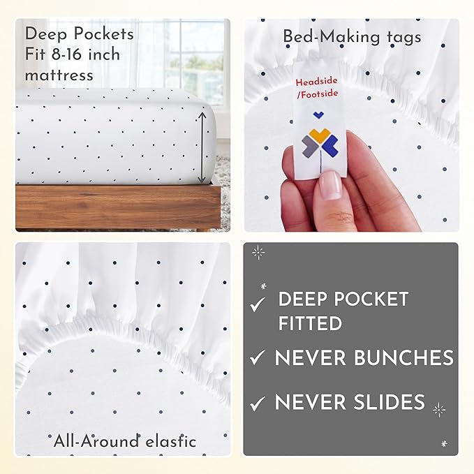 California Design Den Polka Dot Sheets Softest 100% Cotton Sheets for King Size Bed, Luxury 400 Thread Count Sateen, 4 Piece Deep Pocket Printed Pattern (Polka Dot) - LeafyLoom