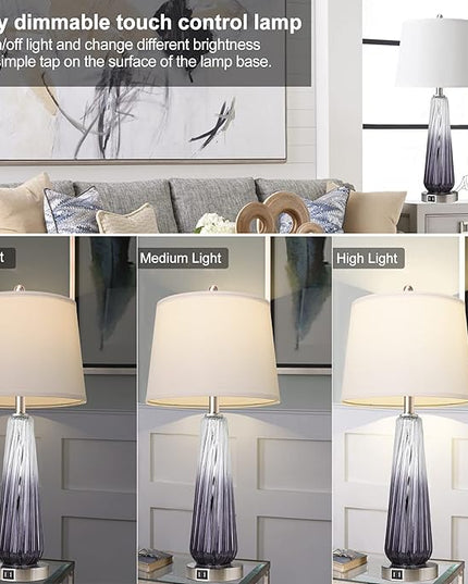 QiMH Table Lamps Set of 2 with Touch Control, 3-Way Dimmable Modern Glass Bedside Lamps with 2 USB Ports, Nightstand Lamp with White Shade, 27.5" Large Lamps for Living Room Bedrooms Decor, Grey - LeafyLoom