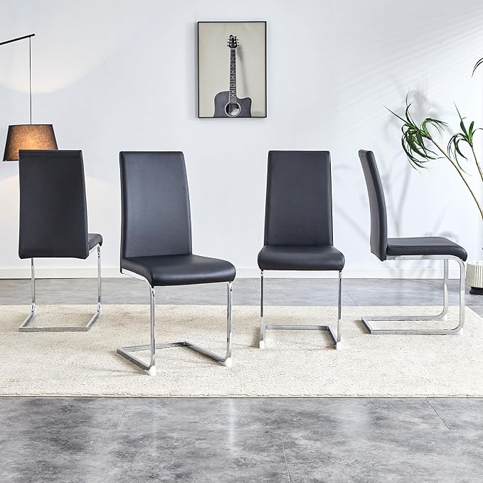 Modern Dining Chairs Set of 4, PU Faux Leather Backrest Cushioned Edge Chairs, Suitable for Dining, Kitchen, Dressing Table, Terrace, Black+PU - LeafyLoom