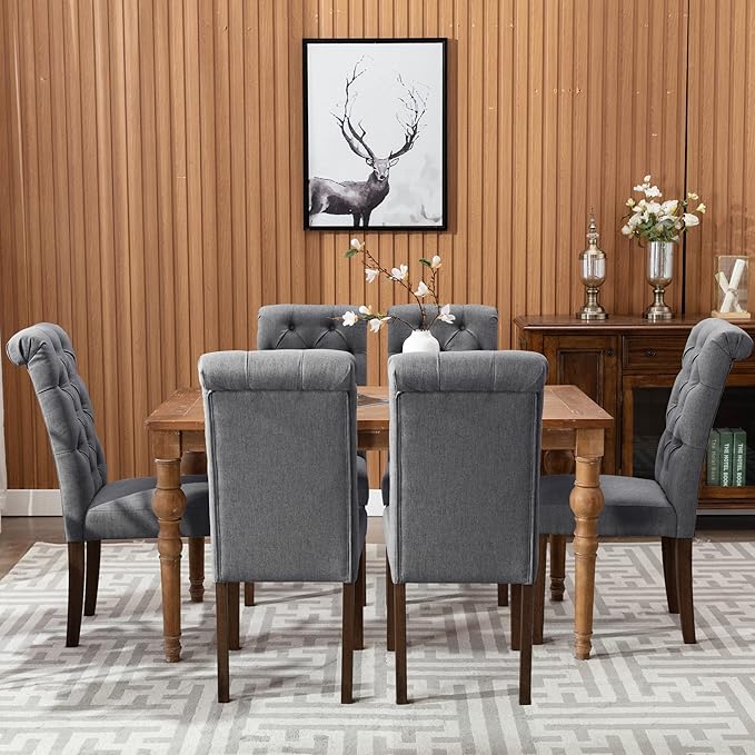 COLAMY Button Tufted Dining Chairs Set of 4, Parsons Upholstered Fabric Dining Room Chairs Kitchen Chairs with Wood Legs and Padded Seat, Dark Grey - LeafyLoom
