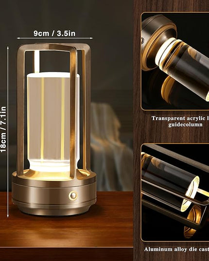 Portable Metal Table Lamp,Cordless Table Lamp, Rechargeable Battery Powered Portable LED Desk Lamp, 3 Color Stepless Dimming Touch, for Bedroom Restaurant Home Outdoor (Silver) - LeafyLoom