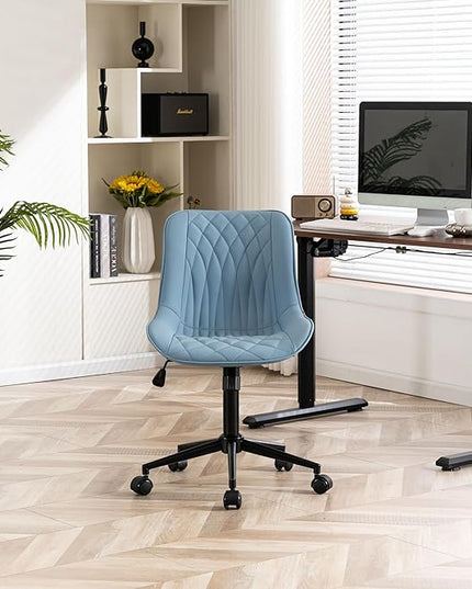 YOUNIKE Desk Chair with Wheels Armless Office Chair Swivel Rolling Task Chair with Back Upholstered Faux Leather Computer Chair Height Adjustable Modern Ergonomic Seat, Loads 300 lbs, Blue - LeafyLoom