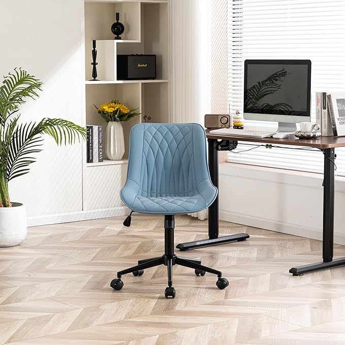 YOUNIKE Desk Chair with Wheels Armless Office Chair Swivel Rolling Task Chair with Back Upholstered Faux Leather Computer Chair Height Adjustable Modern Ergonomic Seat, Loads 300 lbs, Blue - LeafyLoom