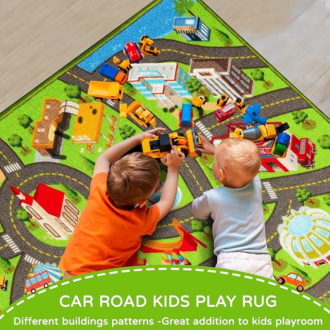 Kids Rugs Traffic Road Carpet for Car City Map Play Rug 3.3'×5' for Playroom Educational Mat Area Rug, Kid Playtime Collection Toddler Car Track Rug Cute Cartoon (City Road B, 39.4×59 in) - LeafyLoom