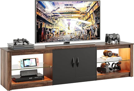 Bestier 70 inch Gaming Entertainment Center with Adjustable Glass Shelves for 75 inch TV, Large Led TV Stand with Two Cabinets, Modern Television Stand for Living Room, Bedroom, Walnut - LeafyLoom