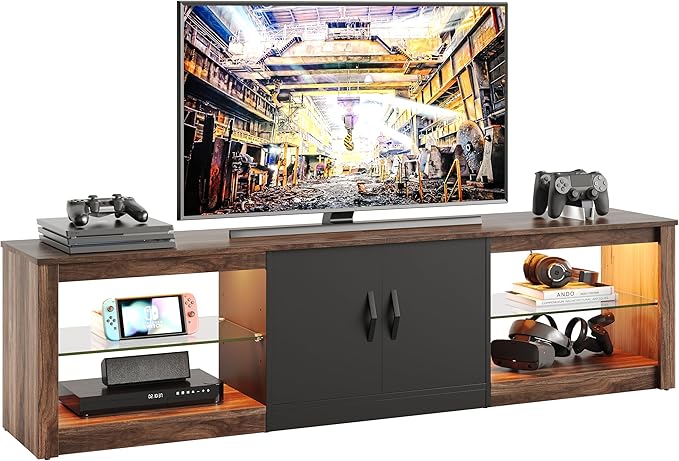 Bestier 70 inch Gaming Entertainment Center with Adjustable Glass Shelves for 75 inch TV, Large Led TV Stand with Two Cabinets, Modern Television Stand for Living Room, Bedroom, Walnut - LeafyLoom