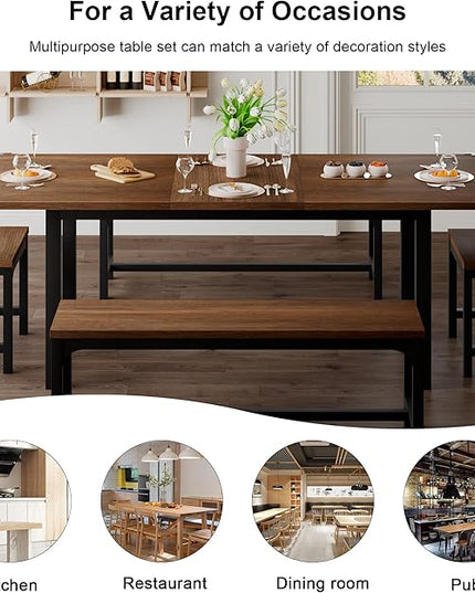 Feonase 5-Piece Dining Table Set for 4-8 People, 63" Extendable Kitchen Table Set with 2 Benches and 2 Square Stools, Dining Room Table with Heavy-Duty Frame, Easy Assembly, Walnut - LeafyLoom