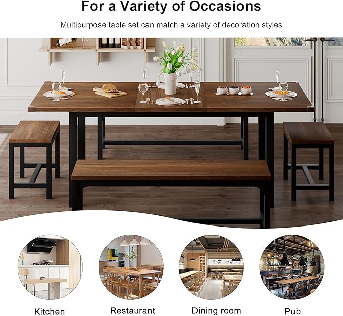 Feonase 5-Piece Dining Table Set for 4-8 People, 63" Extendable Kitchen Table Set with 2 Benches and 2 Square Stools, Dining Room Table with Heavy-Duty Frame, Easy Assembly, Walnut - LeafyLoom