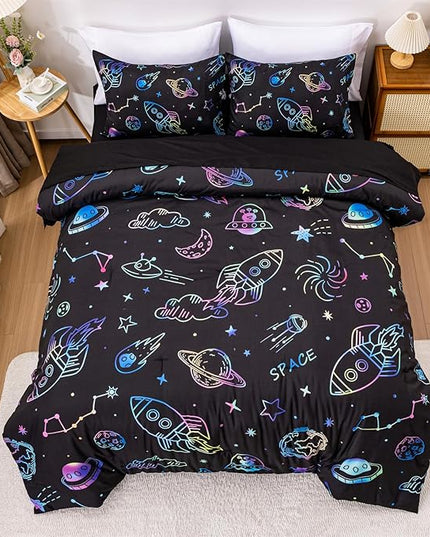 Aimuan Space Comforter Twin Set Kids Rocket Bedding Set Super Soft & Cute Aliens UFO Printed for Boys Girls Teen (Black, Full 5Pcs) - LeafyLoom