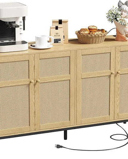 Lifewit Rattan Sideboard Buffet Cabinet, Console Table with Power Outlet, Credenza, Storage Cabinet, Coffee Bar Cabinet for Kitchen, Dining Room, Living Room, Entryway, 4 Doors, Natural - LeafyLoom