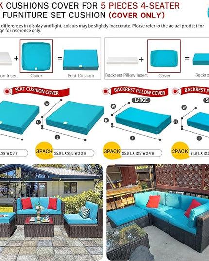 ClawsCover 9Pack Outdoor Seat and Back Cushions Replacement Covers Fit for 5 Pieces 4-Seater Wicker Rattan Patio Conversation Set Sectional Couch Furniture,Turquoise-Include Covers Only - LeafyLoom