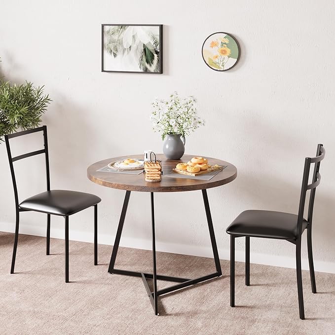 Dining Table Set for 2, Kitchen Table and Upholstered Chairs for 2, Round Dining Room Table Set with 2 Placemats, 3 Piece Dining Table Set for Small Space, Apartment, Studio, Rustic Brown - LeafyLoom