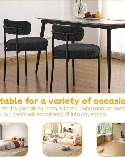 EDWELL Black Dining Chairs Set of 6, Mid-Century Modern Dining Room Chairs with Thick Cushions, Round Upholstered Boucle Dining Chair with Metal Legs for Kitchen, Living Room, Kitchen Chairs - LeafyLoom