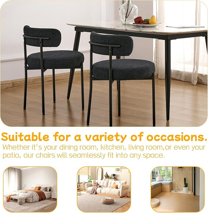 EDWELL Black Dining Chairs Set of 6, Mid-Century Modern Dining Room Chairs with Thick Cushions, Round Upholstered Boucle Dining Chair with Metal Legs for Kitchen, Living Room, Kitchen Chairs - LeafyLoom