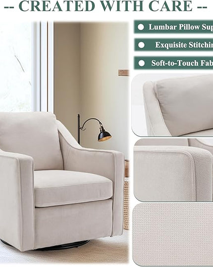 COLAMY 360° Swivel Accent Chair Set of 2, Upholstered Fabric Leisure Armchair with Lumbar Pillow for Living Room Bedroom Home Office, Beige - LeafyLoom
