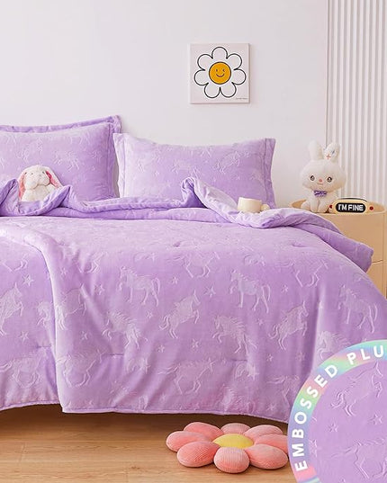 Mooreeke Twin Kids Comforter Bed Set, Embossed Plush Fleece Soft & Warm 2 Piece Bed in A Bag with Shams, Velour Velvet Purple Unicorn Girls Kids Bedding Set, Fluffy Fuzzy Polar Cozy and Stylish - LeafyLoom