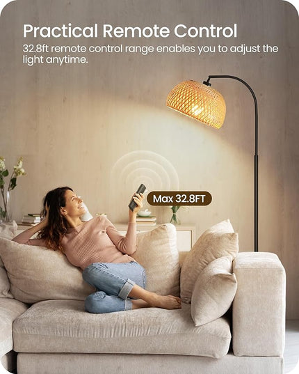 Boho Floor Lamp, Dimmable Floor Lamp, Bamboo Shade Corner Floor Lamp, Reading Lamp Height Adjustable with Remote, for Living Room, Bedroom, Study Room, 10W LED Bulb Included, Black B9LD05 - LeafyLoom