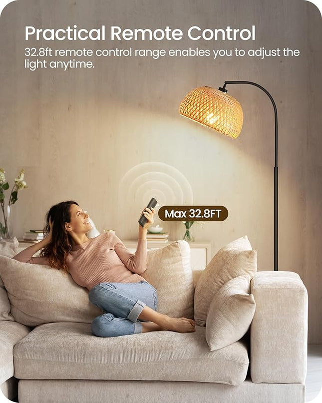 Boho Floor Lamp, Dimmable Floor Lamp, Bamboo Shade Corner Floor Lamp, Reading Lamp Height Adjustable with Remote, for Living Room, Bedroom, Study Room, 10W LED Bulb Included, Black B9LD05 - LeafyLoom