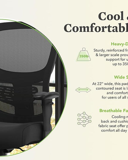 HON Sadie Big and Tall Office Chair, Ergonomic Office Chair with Mesh Back, Lumbar Support, Home Office Desk Chairs, 400 lb Max, Black - LeafyLoom