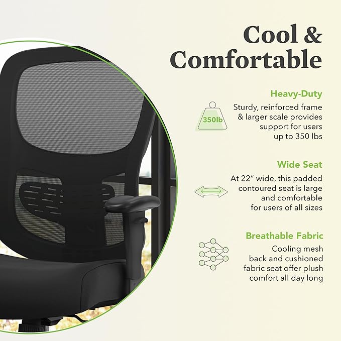 HON Sadie Big and Tall Office Chair, Ergonomic Office Chair with Mesh Back, Lumbar Support, Home Office Desk Chairs, 400 lb Max, Black - LeafyLoom