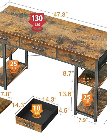 ODK Office Small Computer Desk: Home Table with Fabric Drawers & Storage Shelves, Modern Writing Desk, Vintage, 48"x16" - LeafyLoom