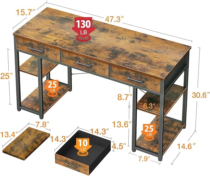 ODK Office Small Computer Desk: Home Table with Fabric Drawers & Storage Shelves, Modern Writing Desk, Vintage, 48"x16" - LeafyLoom