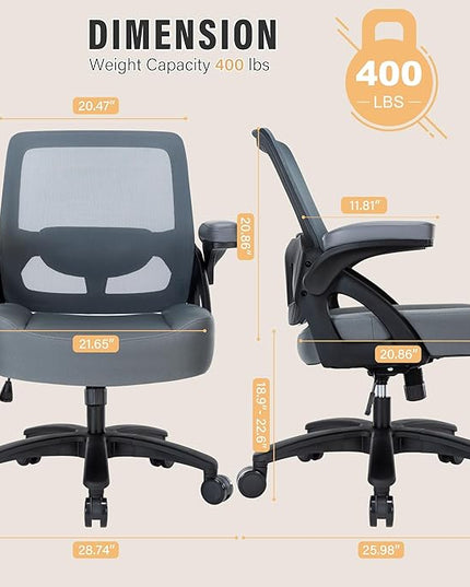 Big and Tall Office Chair 400lb- Mesh Ergonomic Heavy Duty Desk Chair- Flip Arms, Plus Size Wide Seat Executive Computer Chair for Large People- Home Office Swivel Rolling Task Chairs - LeafyLoom