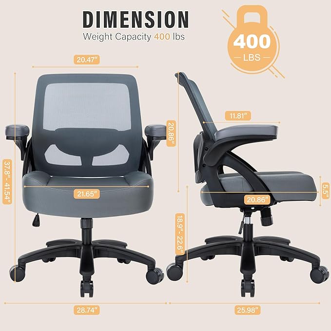 Big and Tall Office Chair 400lb- Mesh Ergonomic Heavy Duty Desk Chair- Flip Arms, Plus Size Wide Seat Executive Computer Chair for Large People- Home Office Swivel Rolling Task Chairs - LeafyLoom