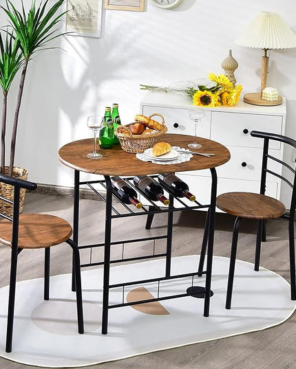DORTALA 3PCS Dining Table Set, 1 table & 2 chairs set, 3 Piece Compact Dining Set, Oval Table & Mid-back Chairs w/Built-in Wine Rack, Suitable for Small Space, Black & Brown - LeafyLoom
