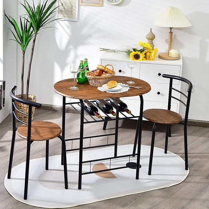 DORTALA 3PCS Dining Table Set, 1 table & 2 chairs set, 3 Piece Compact Dining Set, Oval Table & Mid-back Chairs w/Built-in Wine Rack, Suitable for Small Space, Black & Brown - LeafyLoom