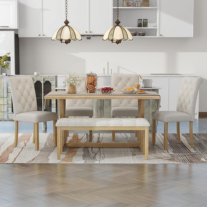 Retro Rectangular Unique Legs and 4 Upholstered Chairs & 1 Bench, Easy Assembly, Room, Kitchen, 6 Piece Dining Table Set, Natural Wood Wash 14 - LeafyLoom