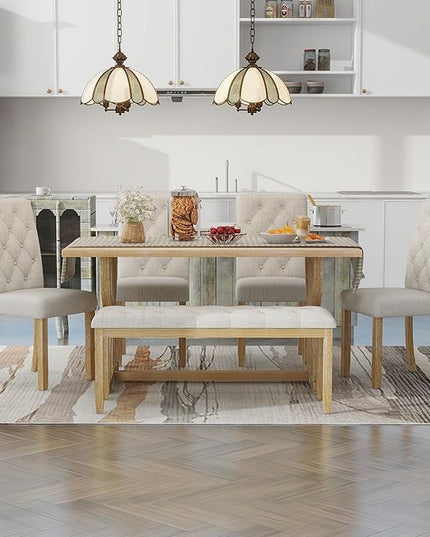 6-Piece Retro Style Rectangular Dining Table Set with Unique Legs and 4 Upholstered Chairs & 1 Bench for Kitchen, Breakfast Nook, Living Room, Natural Wood Wash, 59.8" L x 35.8" W x 30" H - LeafyLoom