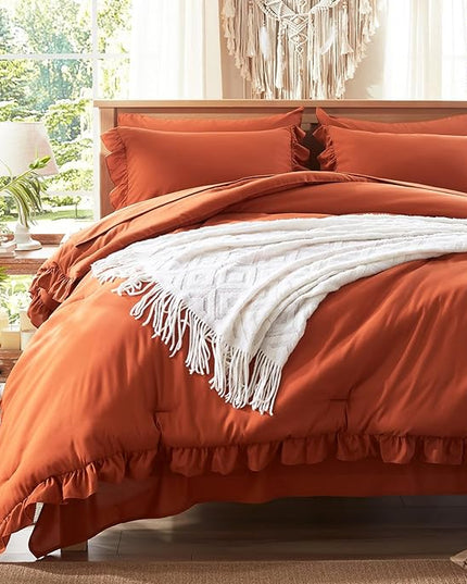 Anluoer Full Comforter Set 7 Piece, Burnt Orange Bed in a Bag with Sheets, All Season Ruffle Shabby Chic Bedding Sets with 1 Comforter, 2 Pillow Shams, 2 Pillowcases, 1 Flat Sheet, 1 Fitted Sheet - LeafyLoom