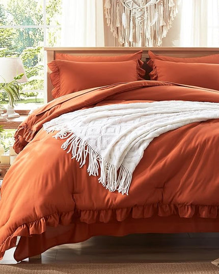 Anluoer King Comforter Set 7 Piece, Burnt Orange Bed in a Bag with Sheets, All Season Ruffle Shabby Chic Bedding Sets with 1 Comforter, 2 Pillow Shams, 2 Pillowcases, 1 Flat Sheet, 1 Fitted Sheet - LeafyLoom
