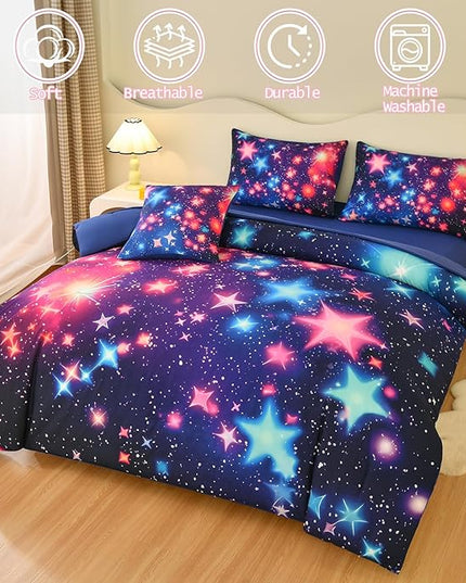 DORCAS Star Twin Size Comforter Sets with Sheets for Girls Kids,6 Piece Starry Sky Girls Bedding Sets Twin,All Season Down Bed in a Bag(Colorful,Twin) - LeafyLoom