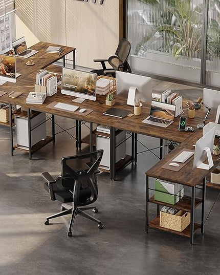 Bestier L Shaped Desk, 95.2 Inch Reversible Corner Computer Desk with Shelves, 2 Person Long Table for Home Office, Large Writing Storage Workstation with 3 Cable Holes, Rustic Brown - LeafyLoom