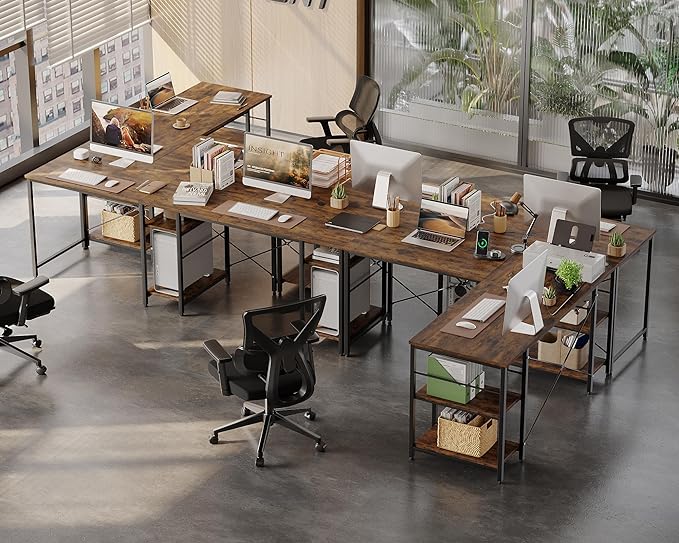 Bestier L Shaped Desk, 95.2 Inch Reversible Corner Computer Desk with Shelves, 2 Person Long Table for Home Office, Large Writing Storage Workstation with 3 Cable Holes, Rustic Brown - LeafyLoom