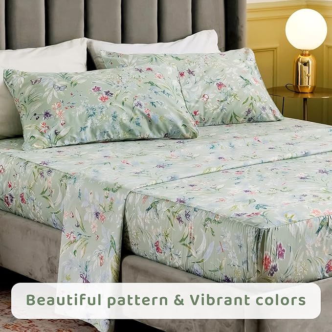 QSH Floral King Size Sheet Sets - Green Flower Bird Butterfly Print Botanical Bedding Egyptian Cotton Printed Sheets King Size Bed Extra Soft and Breathable 17.5" Deep Pockets Bed Sheets 4pcs - LeafyLoom