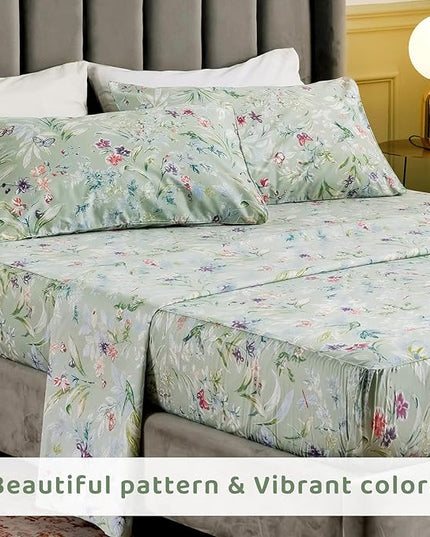 QSH Green Floral Queen Size Sheet Sets - Green Flower Bird Butterfly Print Botanical Bedding Egyptian Cotton Printed Sheets Queen Size Bed Extra Soft and Breathable 17.5" Deep Pockets Bed Sheets 4pcs - LeafyLoom