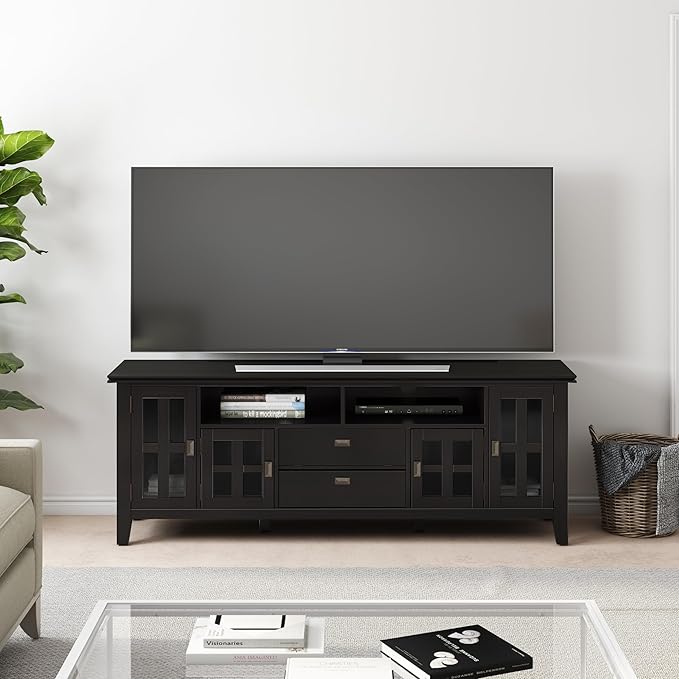 SIMPLIHOME Artisan SOLID WOOD 72 Inch Wide Transitional TV Media Stand in Hickory Brown for TVs up to 80 Inches, For the Living Room and Entertainment Center - LeafyLoom