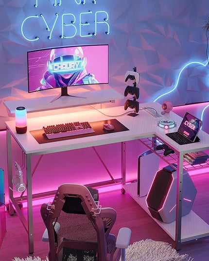 Bestier Small Gaming Desk with Power Outlets,42 L Shaped LED Computer Desk with Reversible Shelves,Corner Gamer Desk with Hooks USB Charging Port,Carbon Fiber White - LeafyLoom