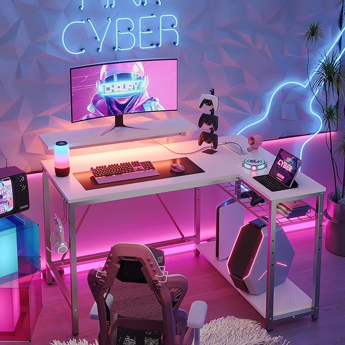 Bestier Small Gaming Desk with Power Outlets,42 L Shaped LED Computer Desk with Reversible Shelves,Corner Gamer Desk with Hooks USB Charging Port,Carbon Fiber White - LeafyLoom