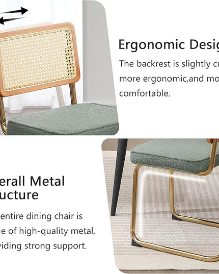 Rattan Dining Chairs Set of 2, Mid Century Modern Sherpa Dining Room Kitchen Chairs with Cane Back, Metal Chrome Legs, Upholstered Wicker Armless Accent Chairs, Green - LeafyLoom