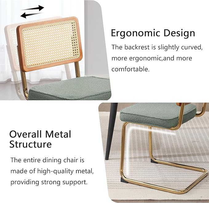 Rattan Dining Chairs Set of 2, Mid Century Modern Sherpa Dining Room Kitchen Chairs with Cane Back, Metal Chrome Legs, Upholstered Wicker Armless Accent Chairs, Green - LeafyLoom