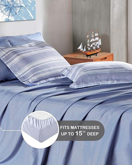Full Size Comforter Set with Sheets, Modern Blue and White Striped Bed in a Bag, 7-Piece Complete Bedding Set Including Reversible Comforter, 2 Sheets, Pillowcases & Shams - LeafyLoom