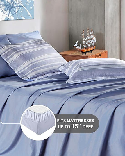 Full Size Comforter Set with Sheets, Modern Blue and White Striped Bed in a Bag, 7-Piece Complete Bedding Set Including Reversible Comforter, 2 Sheets, Pillowcases & Shams - LeafyLoom
